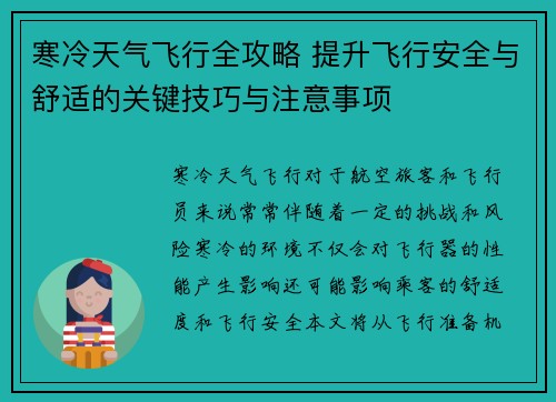 寒冷天气飞行全攻略 提升飞行安全与舒适的关键技巧与注意事项